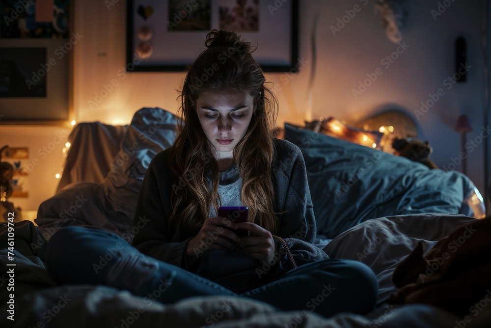 Teenage girl addicted to her phone a the dark bedroom - obrazy, fototapety, plakaty 