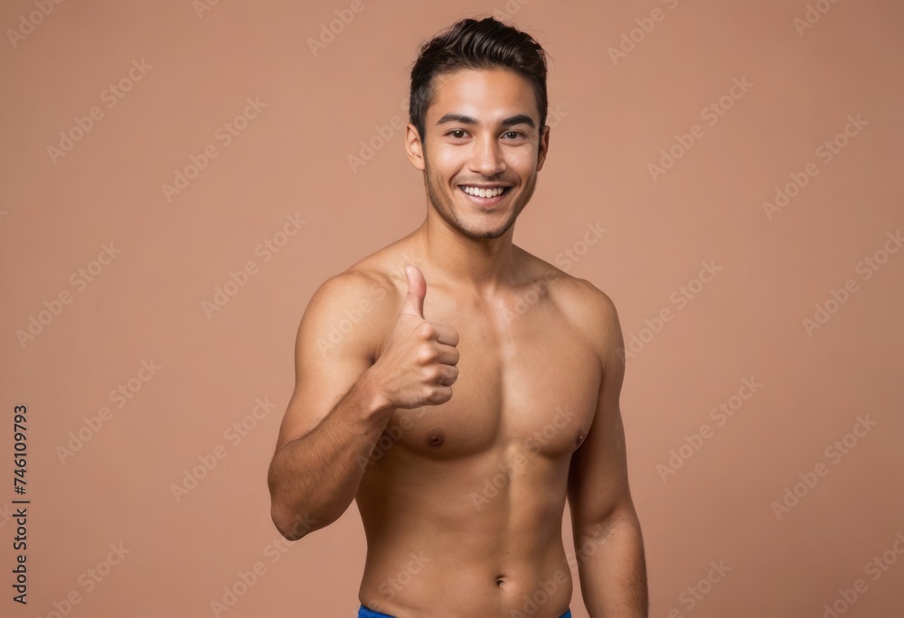 A shirtless man gives a thumbs-up, his fit physique and cheerful demeanor on display against a peach background.