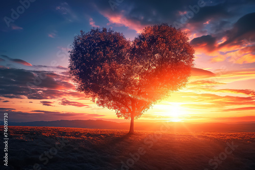 A heart-shaped tree with a sunset background.