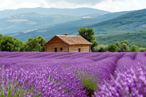a lavender field with a wooden house in the background