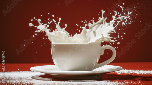 a splash of milk in a white cup on a saucer on a red table with a red wall in the background.