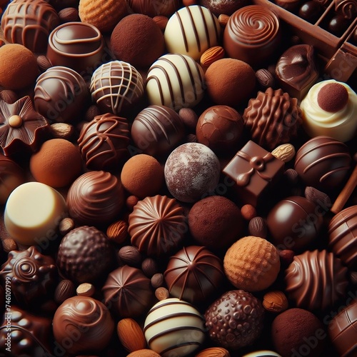 Close-up background of various types of chocolate truffles created with generative ai.