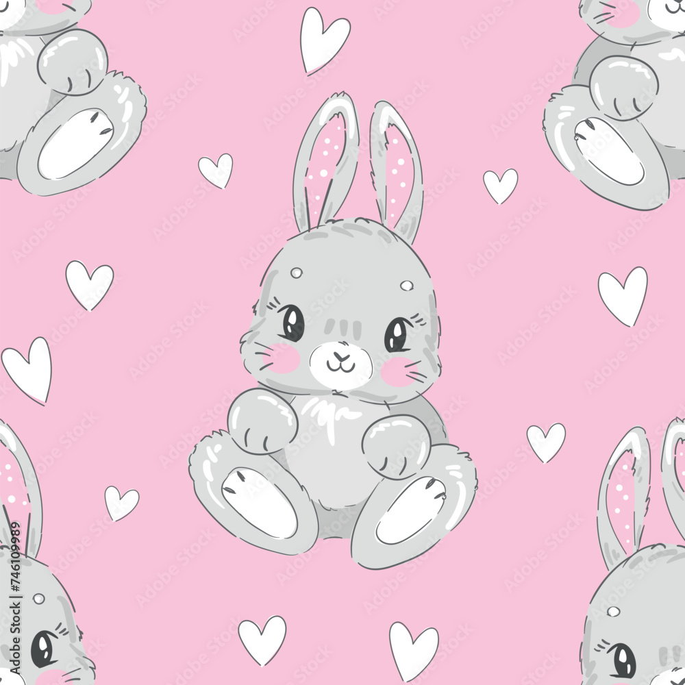 Hand Drawn Cute Rabbits and hearts pink background vector seamless, Little Bunny pattern Kids print. Hand Drawn Cute Rabbits and hearts pink background vector seamless, Little Bunny pattern Kids print.