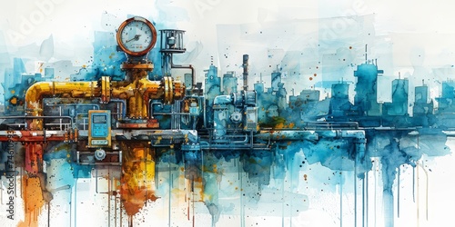  Watercolor Fusion of Industrial Pipes and Valves with Vivid Blue Hues, Generative AI
