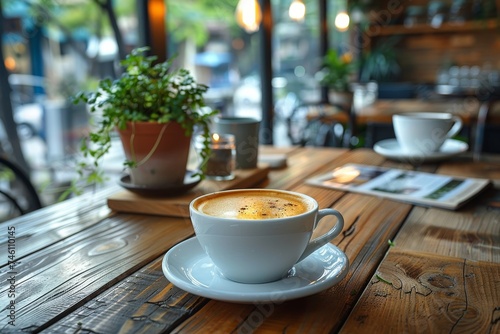 A warm and inviting coffee cup takes center stage on a wooden table with a cafe backdrop, symbolizing a break or personal time