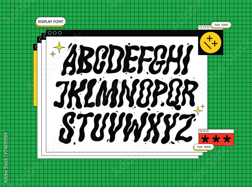 Melted typeface. Psychedelic alphabet. Liquid letters in Y2K style. Creative trendy typography for social media, web design, poster, greeting card. Bubble abc in 90s and 00s style. Groovy typography.