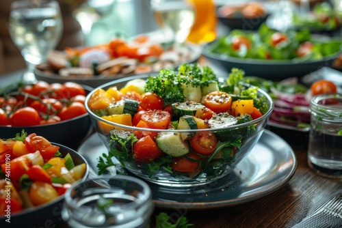 Healthy and vibrant fresh mixed vegetable salad served in a glass bowl on a set table