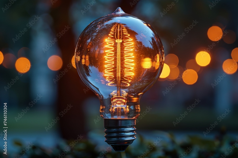An Edison light bulb glows warmly against a backdrop of outoffocus
