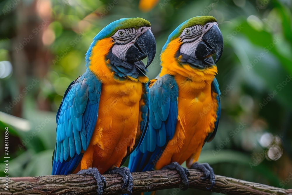 A vivid image of two macaws exhibiting vibrant blue and yellow plumage, perched intimately close on a branch A vivid image of two macaws exhibiting vibrant blue and yellow plumage, perched intimately close on a branch