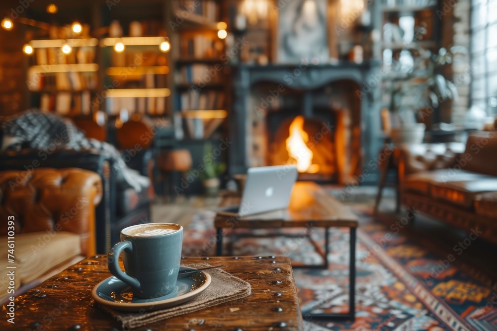 A well-furnished home office exuding warmth with an inviting fireplace and comfortable seating A well-furnished home office exuding warmth with an inviting fireplace and comfortable seating