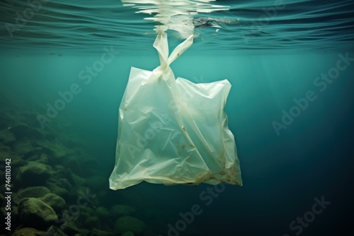 Plastic bag ocean underwater. Litter trash. Generate Ai