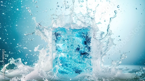 an ice cube with water splashing out of it on a blue and white background with a splash of water on top of it.