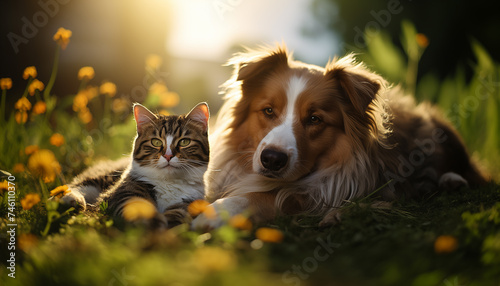 a cat and a dog lie together on the grass. 