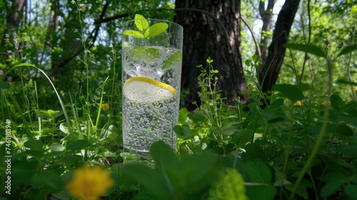a glass of water with a lemon slice in it sitting in the grass next to a tree in the woods.
