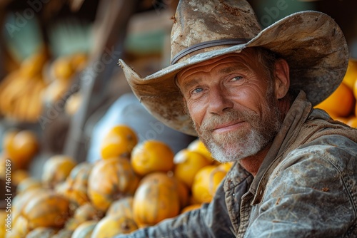 A rugged, cheerful cowboy with a weathered face smiles near a pile of pumpkins, embodying rural life