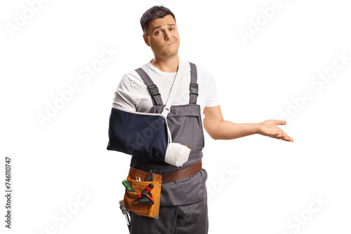 Worker in a uniform with a broken arm