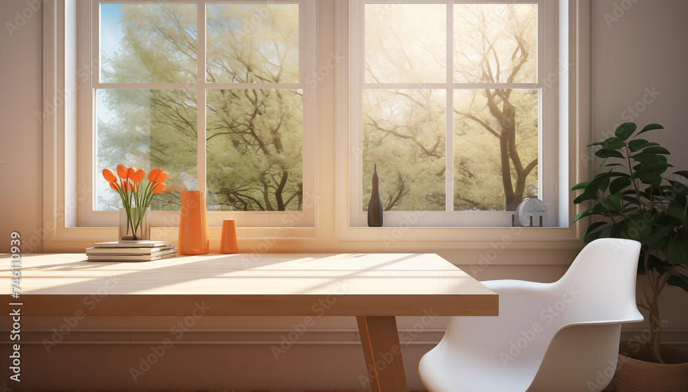 bright minimalistic home office interior with wooden table and chair and window. bright minimalistic home office interior with wooden table and chair and window.