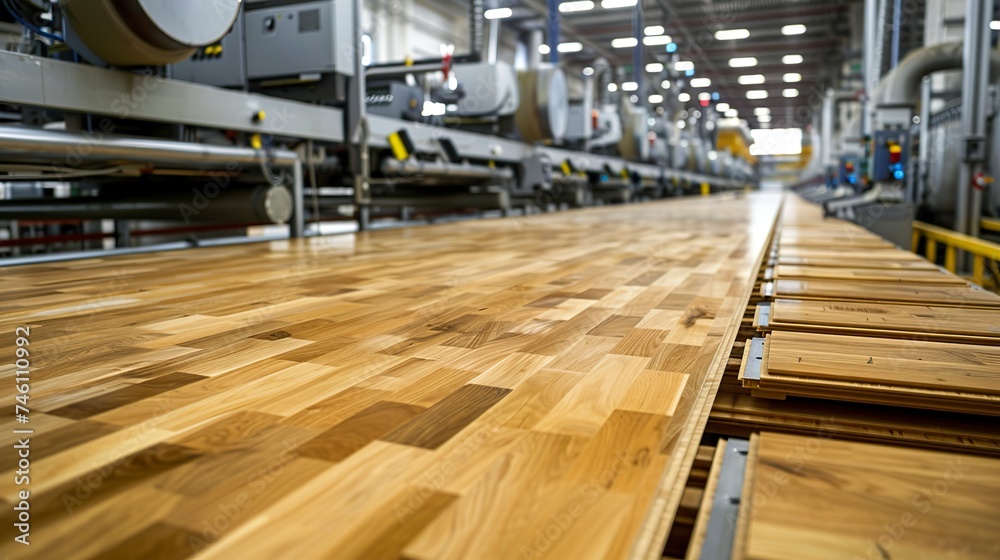 An advanced production line meticulously transforms oak planks into stunning hardwood floors. Modern technology process in the factory in creating stylish and durable flooring.