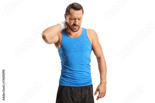 Man in sportswear holding his neck