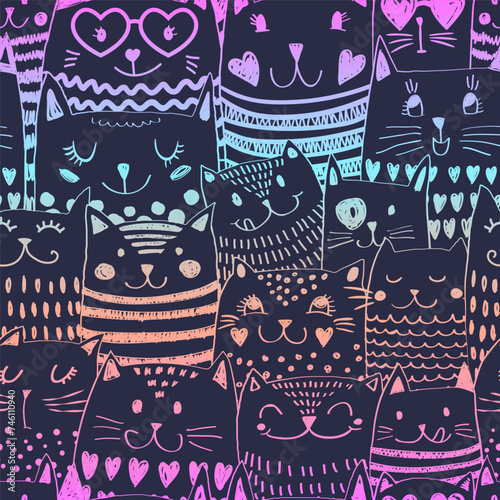 Seamless pattern with silhouette cats and hearts. Cute texture background. Wallpaper for girls. Fashion style