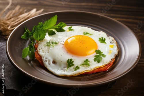 Plate delicious fried egg breakfast. Fresh natural snack. Generate Ai