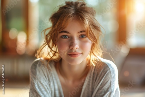 Wallpaper Mural Sun-drenched portrait of a young woman with a gentle gaze and hair softly lit by natural light Torontodigital.ca