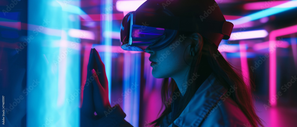 Immersed in digital worlds, a girl explores virtual reality, future tech in action. Immersed in digital worlds, a girl explores virtual reality, future tech in action.