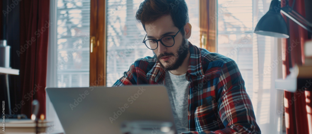 Focused man with glasses using a laptop in a warm, cozy home office setting.