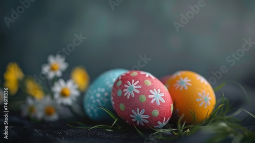 Easter decoration colorful eggs on dark background with copy space. Beautiful colorful easter eggs. Happy Easter. 