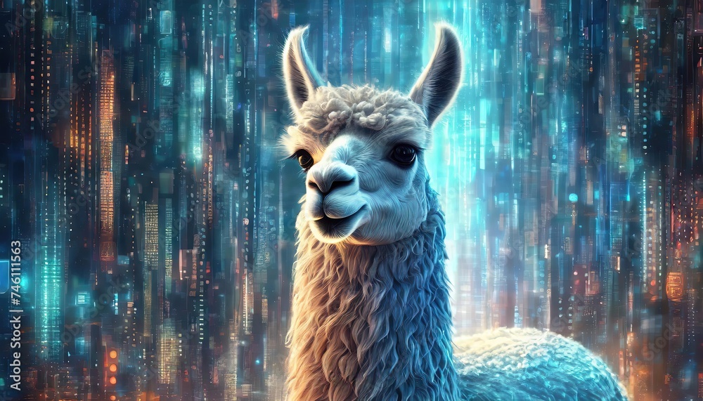 Fototapeta premium Llama made of blue digital data in virtual reality with copy space