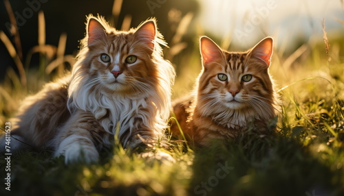 two cute cats lying on the grass on a summer day.  © Juli Puli
