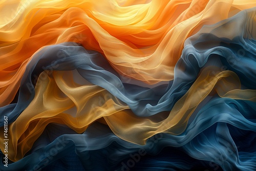 A close-up view of intricately folded fabric displaying a gradient of colors. The texture and light interaction create a visually striking pattern.