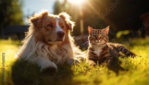 cute dog and cute cat lying on the grass on a summer day. 