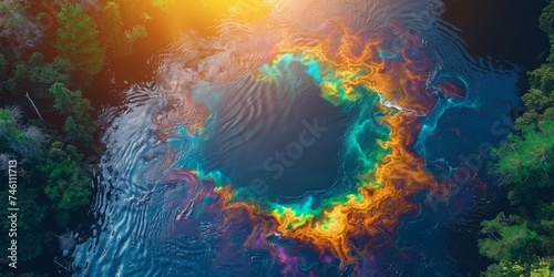 erial View of a Thermal Lake Displaying a Vibrant Spectrum of Mineral-Induced Colors, Generative AI photo