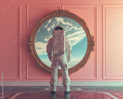 Astronaut gazing to space through vintage framed window. Surreal, fantasy exploration background. photo