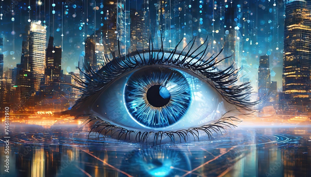 Human eye made of blue digital data, virtual reality, eye tracking, Human eye made of blue digital data, virtual reality, eye tracking,