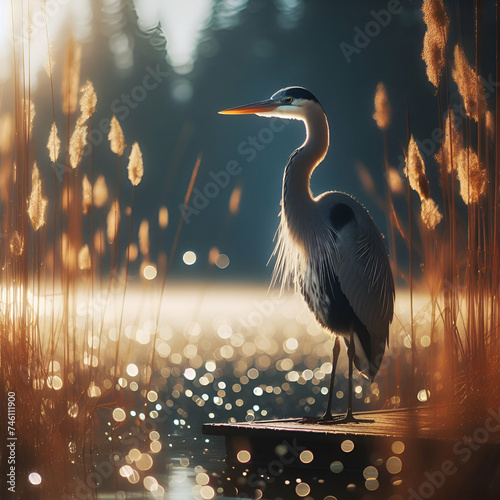 Great Blue Heron Sea Bird Wild Animal, Ardea Herodias Perched Standing on Water Dock with High Dry Tall Grass & Pine Trees Limb Growing Behind it Bokeh Background Ready for Summer Flight Wide Wings photo