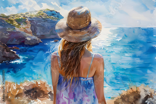 Woman Overlooking Seashore Watercolor. Generative AI Illustration