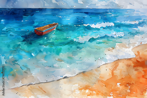 Watercolor Seashore with Rowboat. Generative AI Watercolor