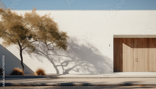 exterior of a minimalist building in Scandinavian style with a beautiful shadow from a tree.  © Juli Puli