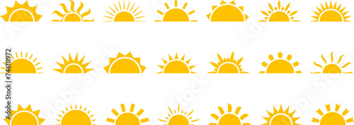 Sun half icon, sunrise ray, morning light, yellow burst, summer symbol. Solar shine isolated on white background. Cartoon vector illustration
