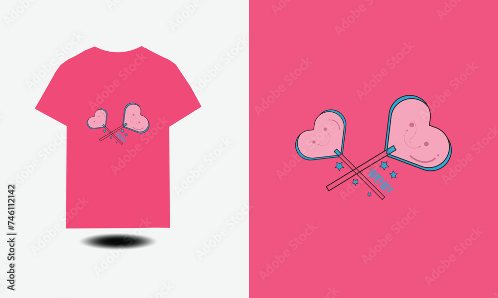 Abstract drawing t-shirts for girls on white background with shape pink hears, crown and gradient color word love in comics style. Abstract fashion illustration with creative design for girlish clothe