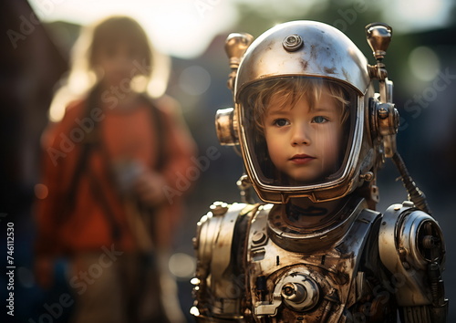 A young boy in astronaut uniform, toy helmet and space suit, Childrens Day authentic storytelling