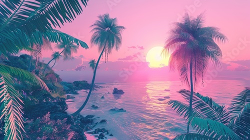 Retro vaporwave/synthwave tropical landscape in shades of pink and blue