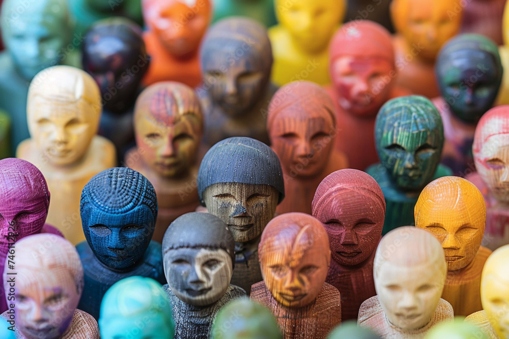 Wooden dolls of different colors. Close-up. Selective focus.