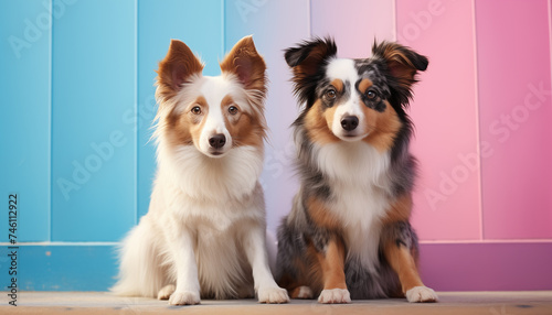 dogs of different breeds sit next to each other and look at the camera against the background of a pastel wall.  © Juli Puli