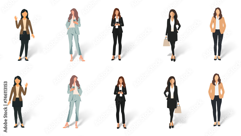 Set of minimal flat drawing illustrations - different women in smart elegant clothes, transparent background with shadow, facing both ways. Generative AI	
