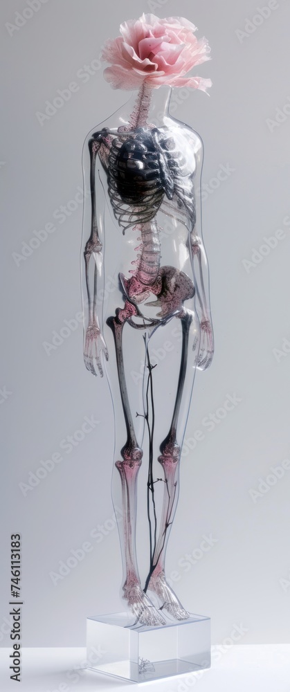 a skeleton with a pink flower on top of it's head is standing on a clear pedestal in front of a gray background.