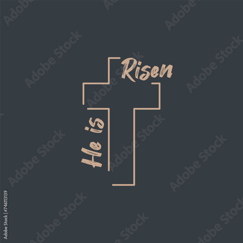 He is risen lettering with linear cross. Symbol for Resurrection of Christ. Easter Christianity cross symbol. Stock vector illustration isolated on dark background.