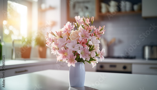 flowers in a vase against a blurred kitchen background. 